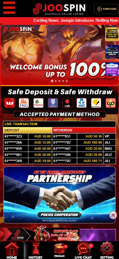 Joospin Casino home screen on a mobile device
