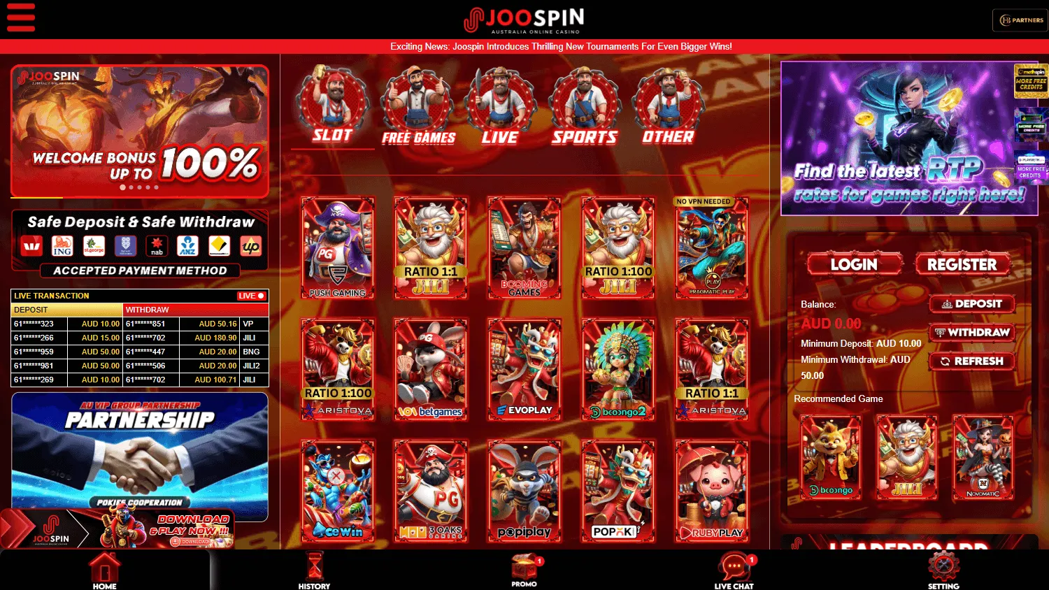 Joospin Casino home screen on desktop