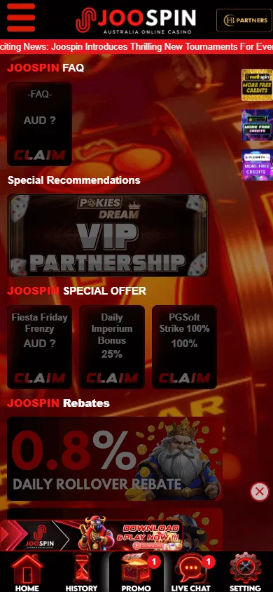 Joospin Casino promotions screen on a mobile device