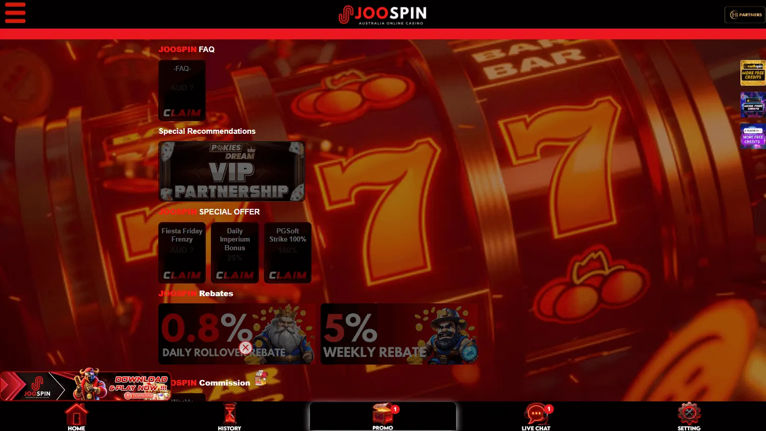 Joospin Casino promotions screen on desktop